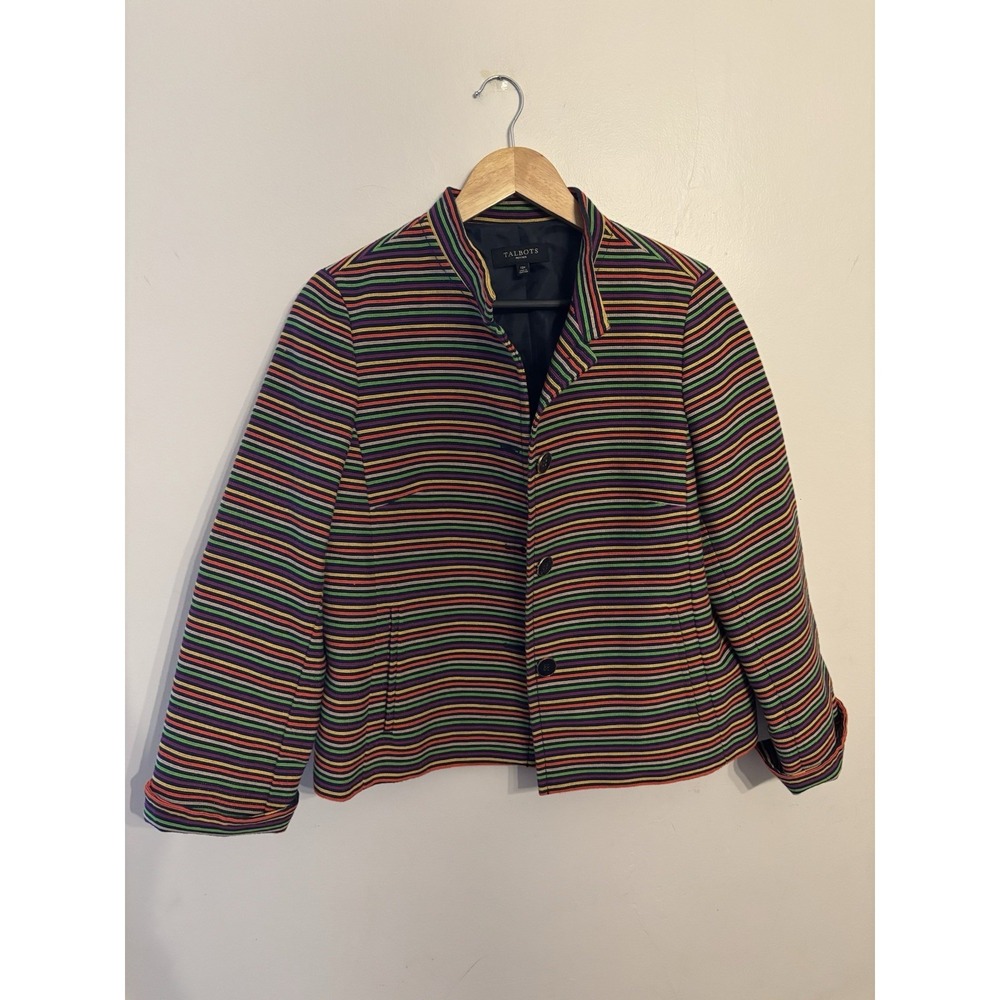 Talbots Women's Multicolor Striped Blazer‎ Jacket Mandarin Collar Lined Size 12P